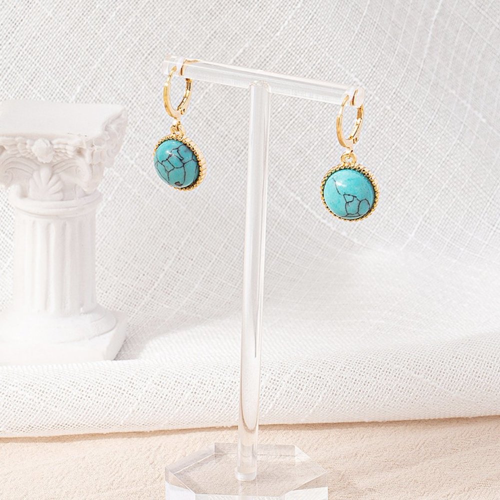 Western Southwestern Gold & Turquoise Round Boho Huggie Earrings NEW - Picture 3 of 6